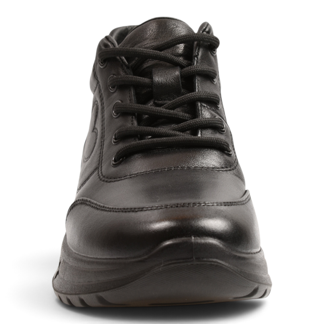 ada-shoes.ro black leather sneakers with laces and side zipper, featuring a thick sole and heart detail.