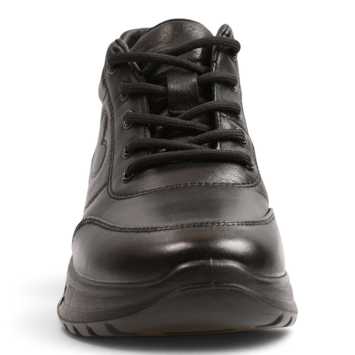 ada-shoes.ro black leather sneakers with laces and side zipper, featuring a thick sole and heart detail.