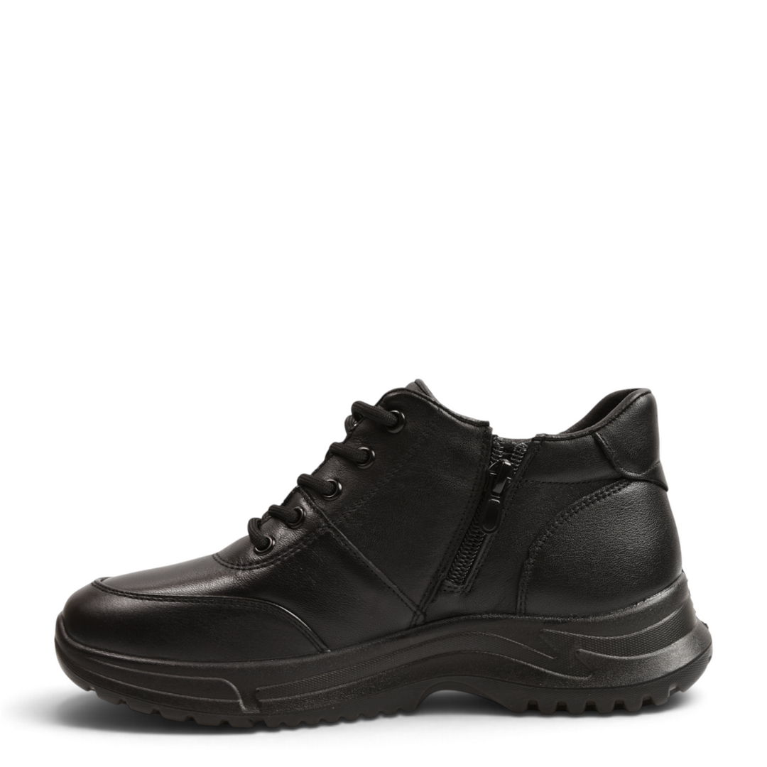 ada-shoes.ro black leather sneakers with side zipper, lace-up closure, and thick rubber sole for women