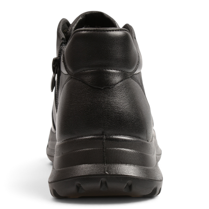 Back view of black leather Ada Shoes R580-N sneakers with a thick, durable sole and padded ankle collar.
