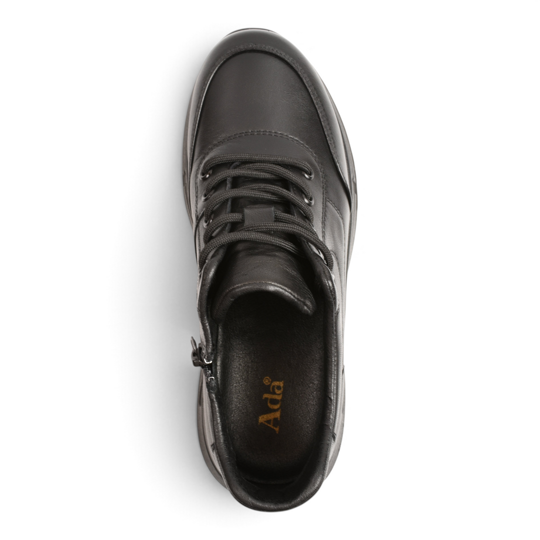 Top view of black leather Ada Shoes R580-N sneakers with laces and side zipper on a white background