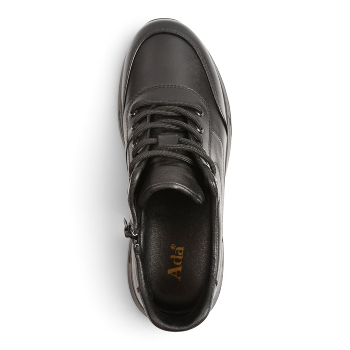 Top view of black leather Ada Shoes R580-N sneakers with laces and side zipper on a white background