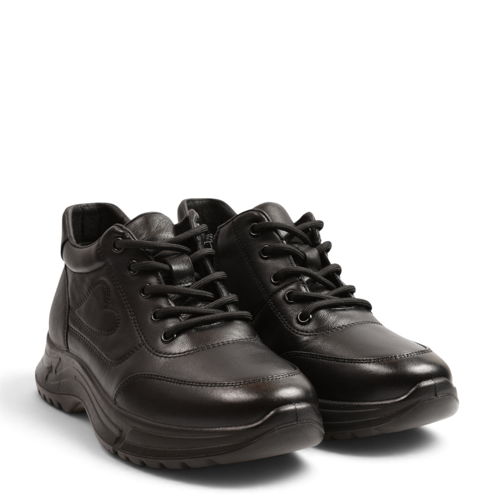 ada-shoes.ro black leather sneakers with laces, side zipper, and heart detail on a white background