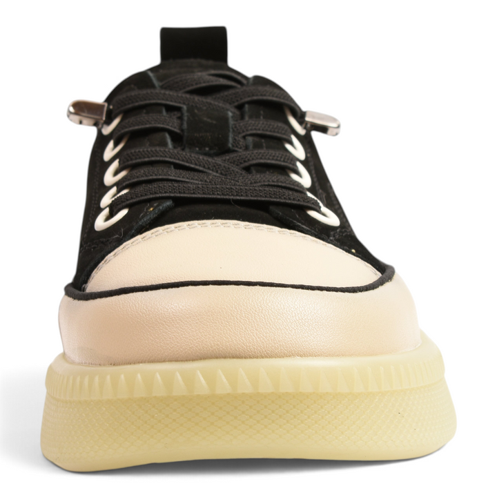 ada-shoes.ro Franco Gerardo 5885-N black nubuck and beige leather sneakers with a gum rubber sole, front view.