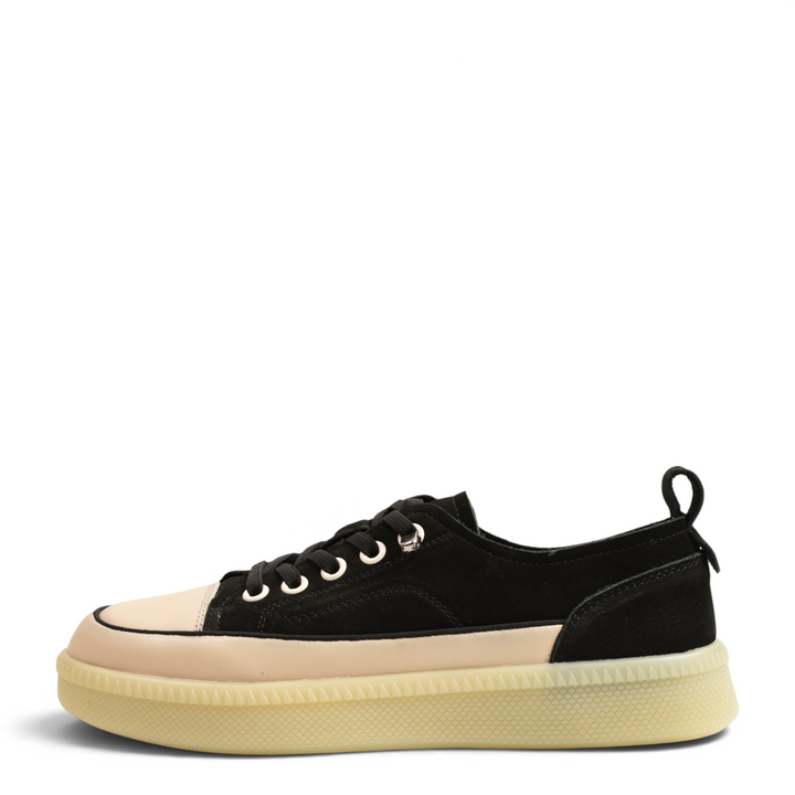 ada-shoes.ro Franco Gerardo sneakers in black nubuck and beige leather with a gum platform sole, side view.