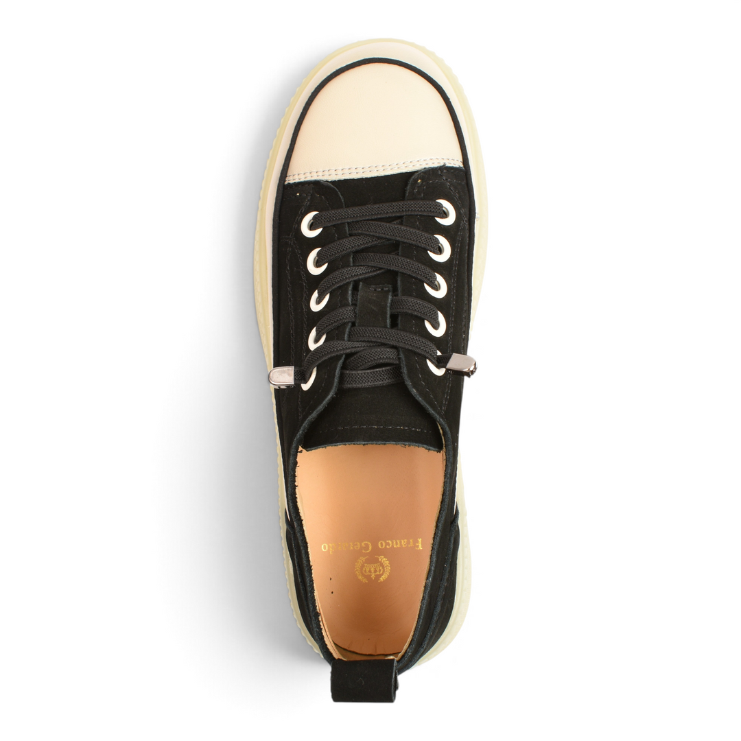 ada-shoes.ro Franco Gerardo sneakers in black nubuck and beige leather with a gum rubber sole, top view.