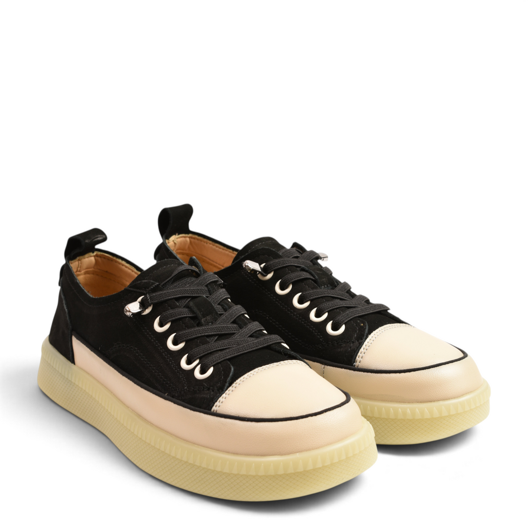 ada-shoes.ro Franco Gerardo black nubuck and beige leather sneakers with a thick gum rubber platform sole.