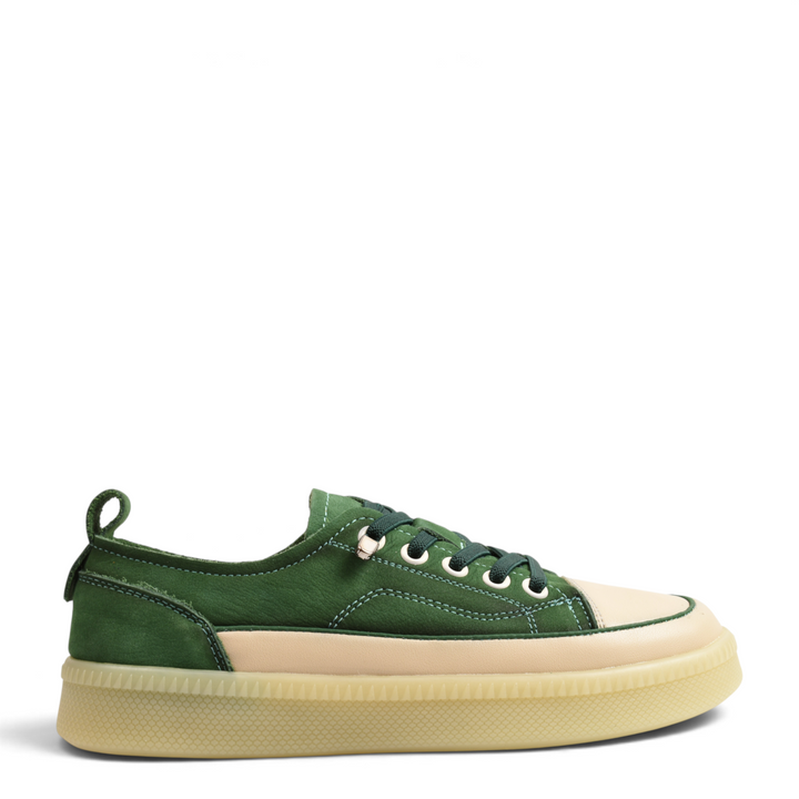 ada-shoes.ro Franco Gerardo emerald green nubuck and beige leather sneakers with a gum platform sole.