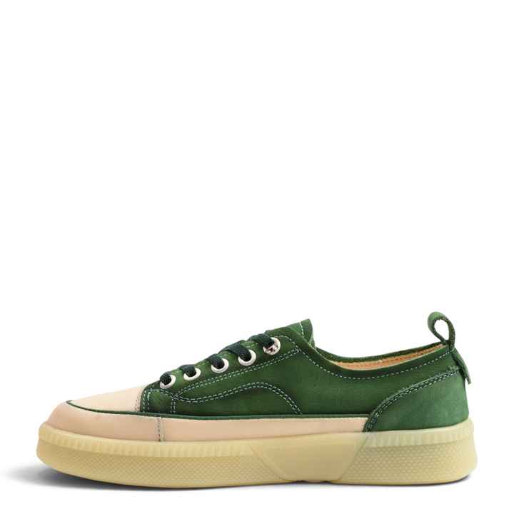 ada-shoes.ro Franco Gerardo emerald green nubuck and beige leather sneakers with a gum platform sole.