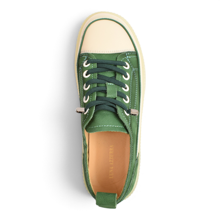 ada-shoes.ro Franco Gerardo emerald green nubuck and beige leather sneakers with gum sole and green laces top view