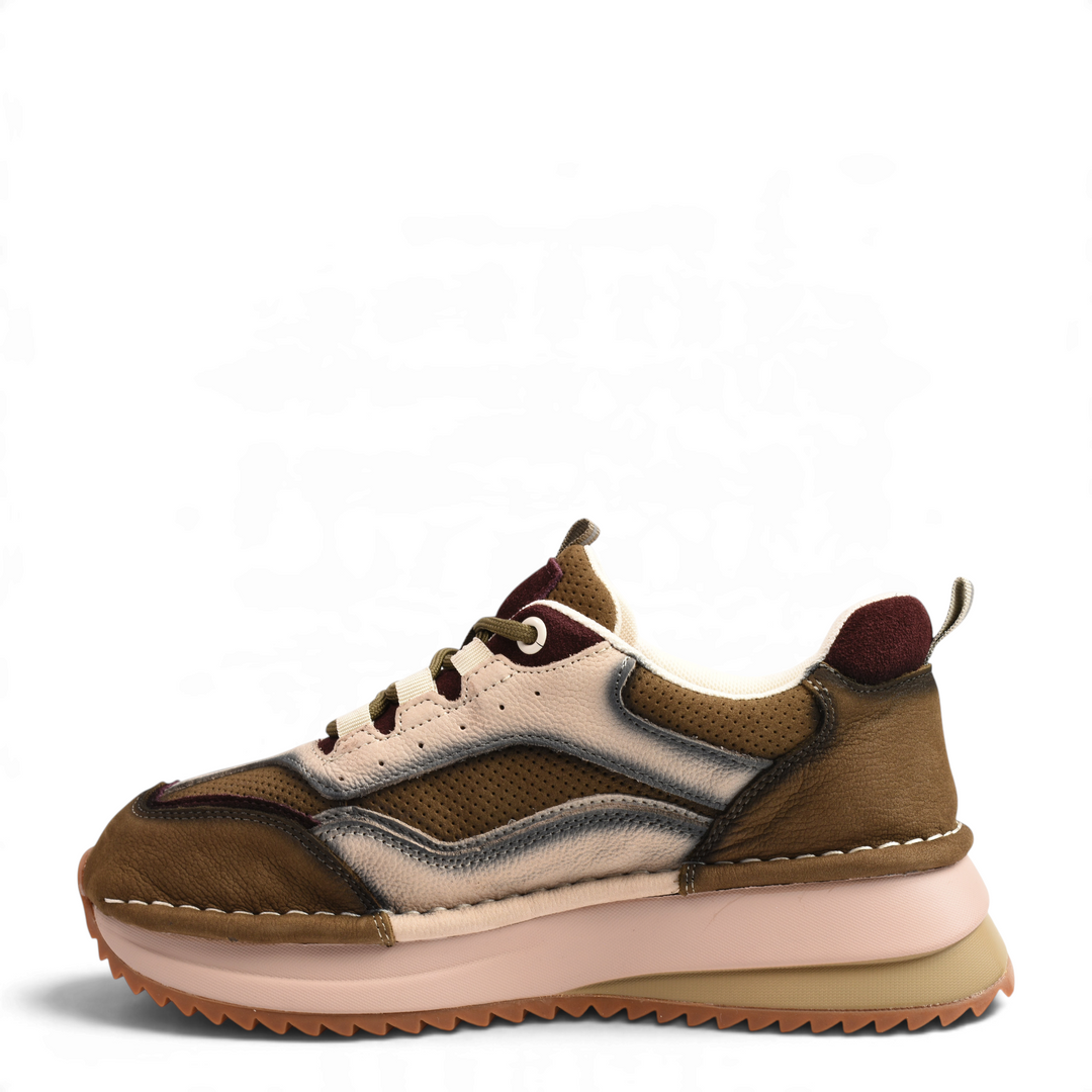 ada-shoes.ro Anna Viotti sneakers in earth tones with beige, brown, and burgundy leather and a chunky platform sole.