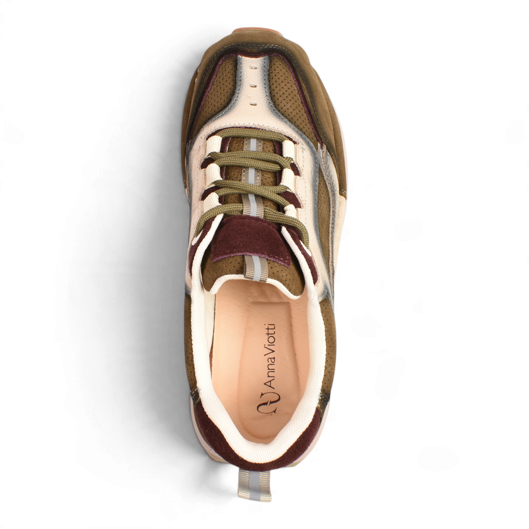 Top view of Anna Viotti sneakers in earthy tones with burgundy accents, featuring perforated leather and suede details.