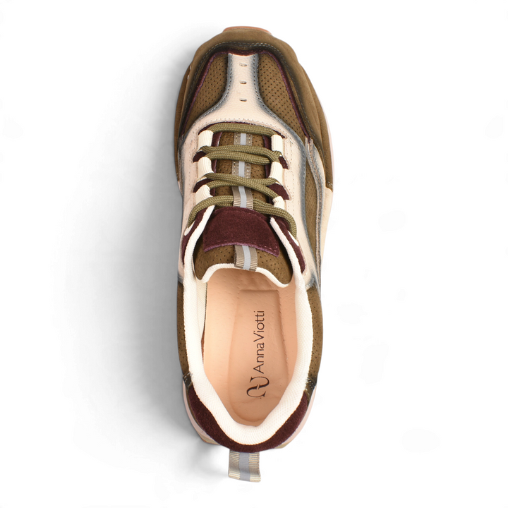 Top view of Anna Viotti sneakers in earthy tones with burgundy accents, featuring perforated leather and suede details.