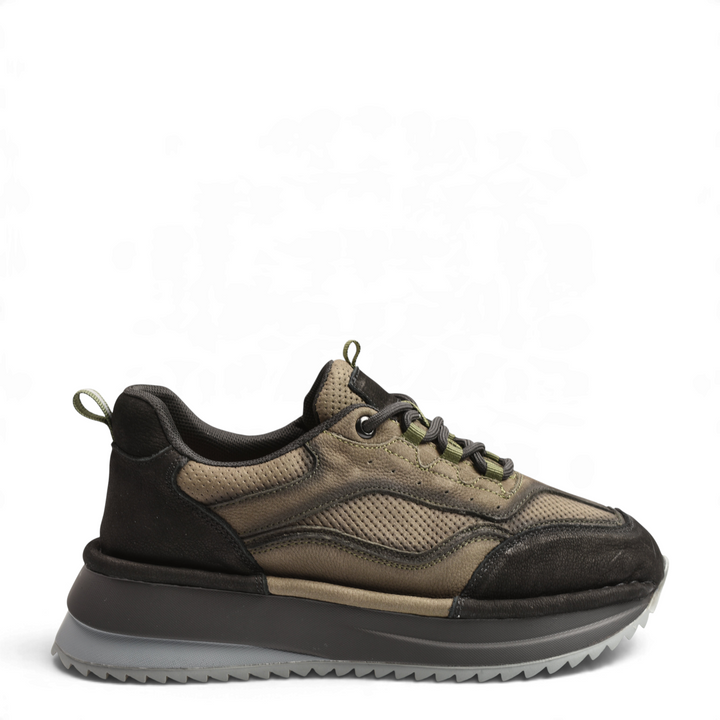 ada-shoes.ro Anna Viotti sneakers in black and khaki perforated leather with a chunky platform sole and green accents