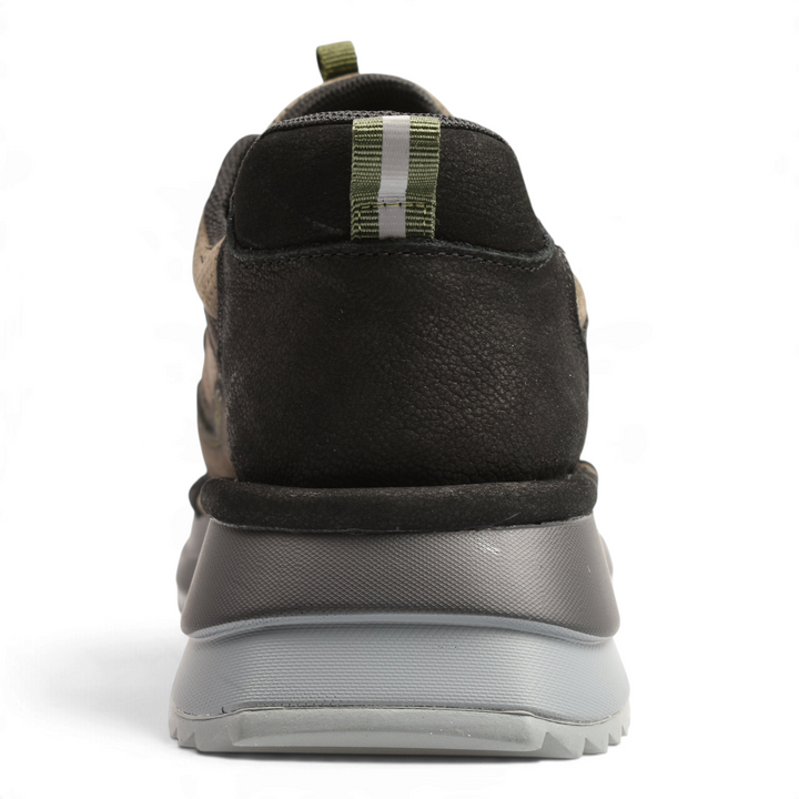 Back view of ada-shoes.ro Anna Viotti sneakers in black and khaki leather with a thick grey cushioned sole