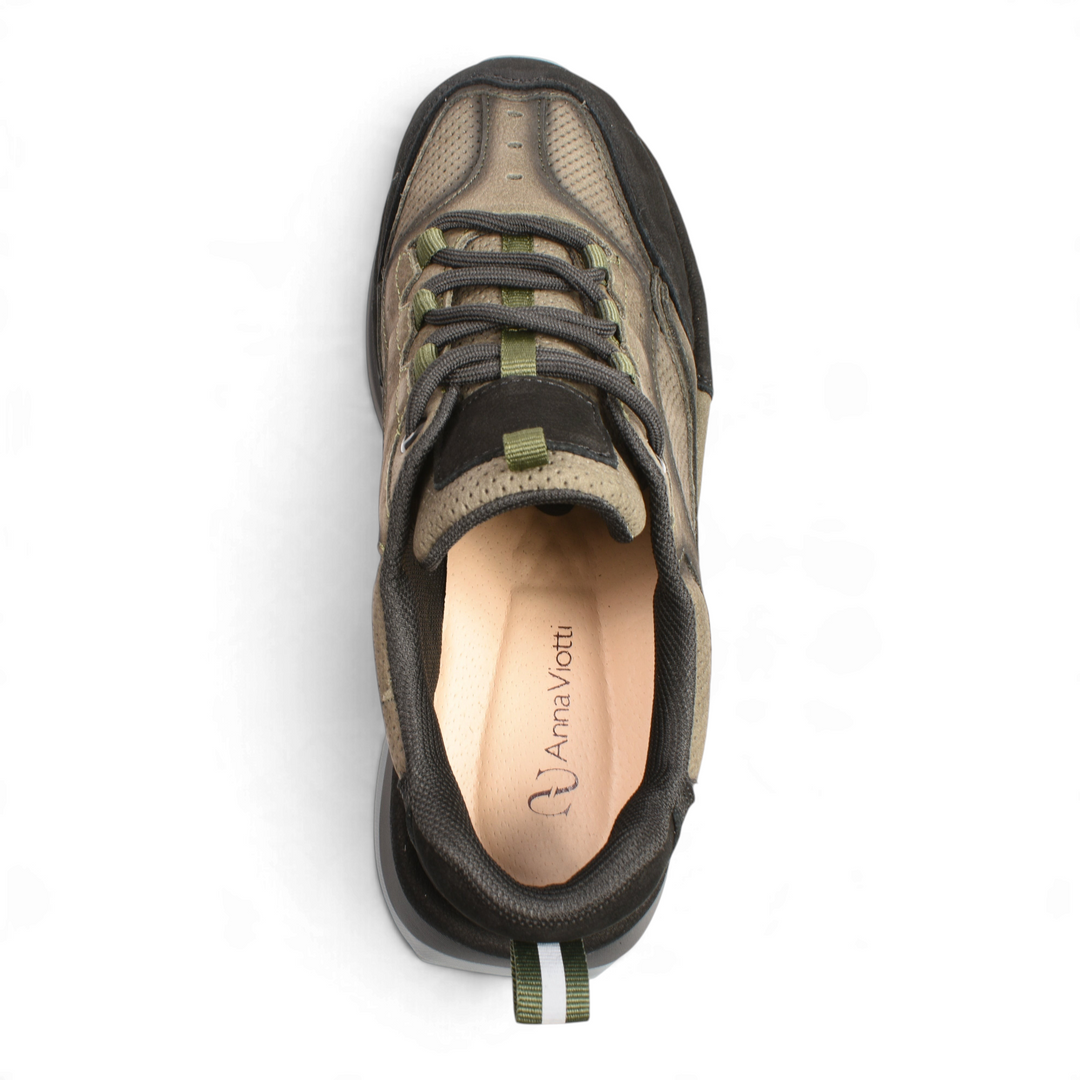 ada-shoes.ro Anna Viotti sneakers in black and khaki perforated leather with a cushioned sole and green accents