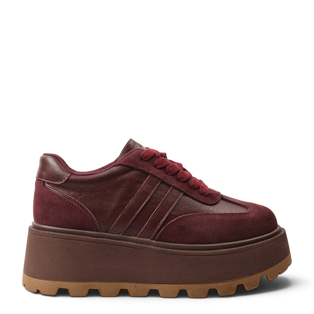 ada-shoes.ro burgundy leather and suede platform sneakers with thick lug sole and lace-up closure