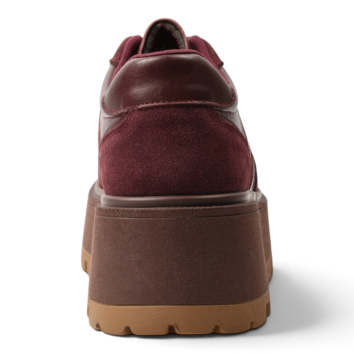 ada-shoes.ro Feeling 2510-B burgundy leather platform sneakers, rear view showing thick gum sole and suede texture.