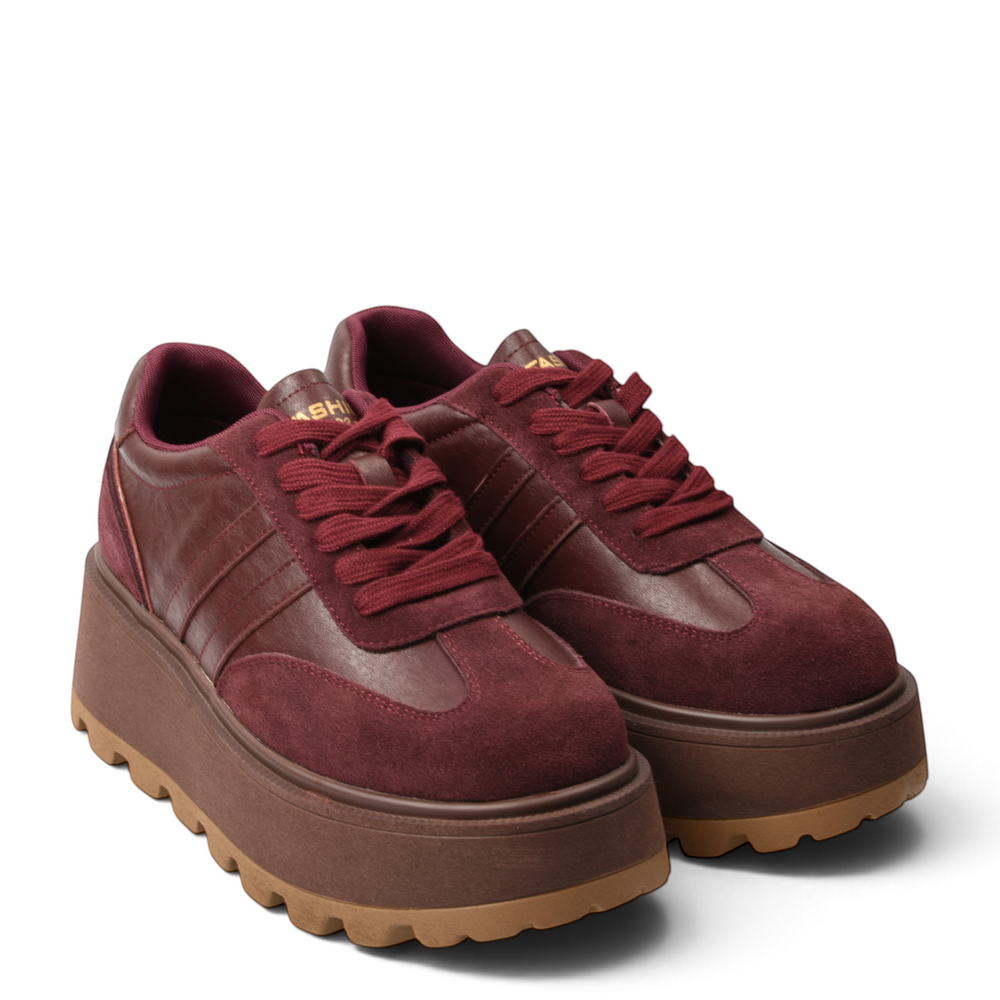ada-shoes.ro Feeling 2510-B burgundy leather platform sneakers with suede details and thick lug sole