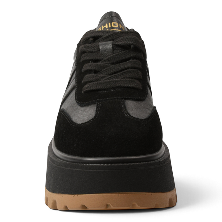 ada-shoes.ro Feeling 2510-N black leather platform sneakers with a thick gum sole, front view.
