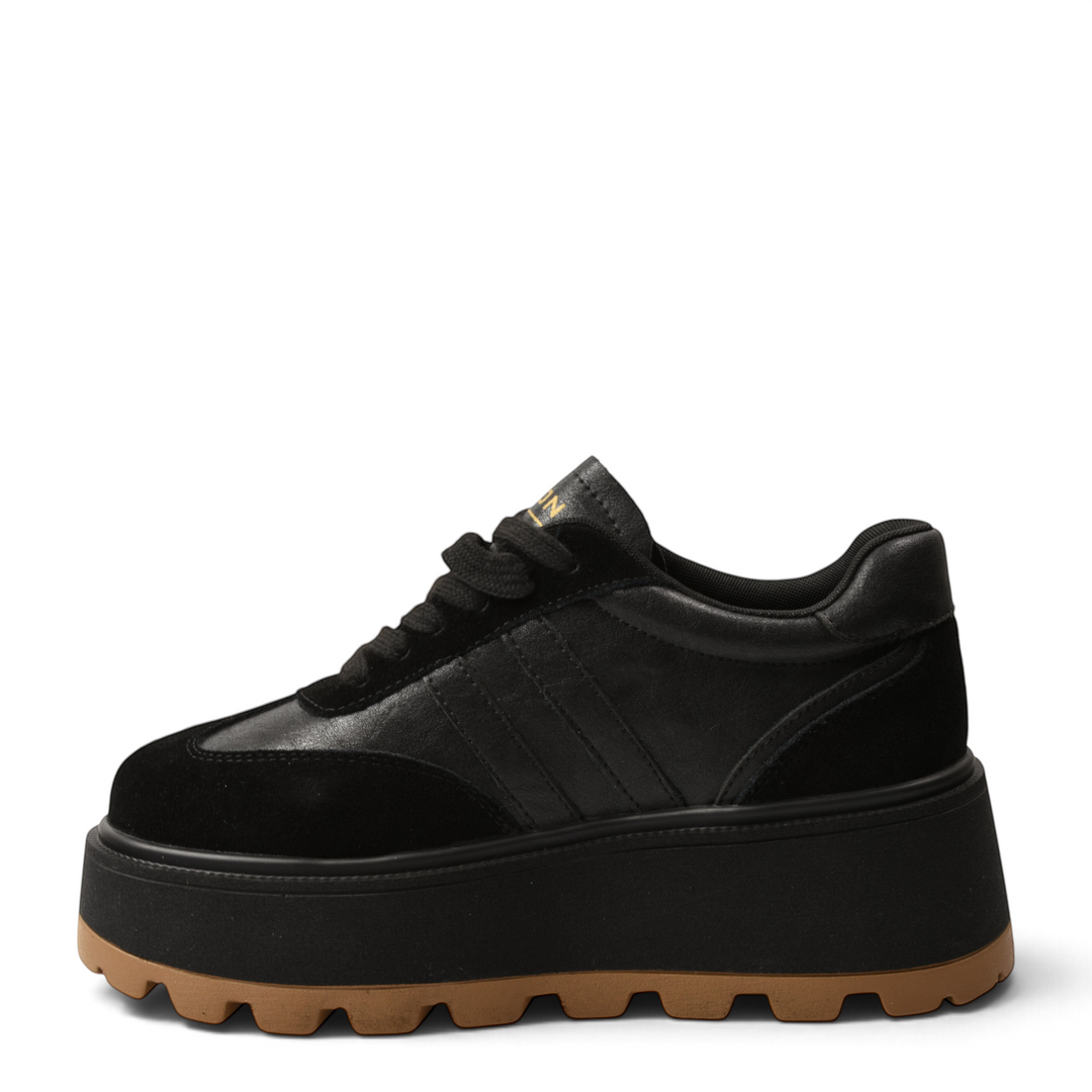 ada-shoes.ro Feeling 2510-N black platform sneakers in smooth and suede leather with a chunky lug sole.