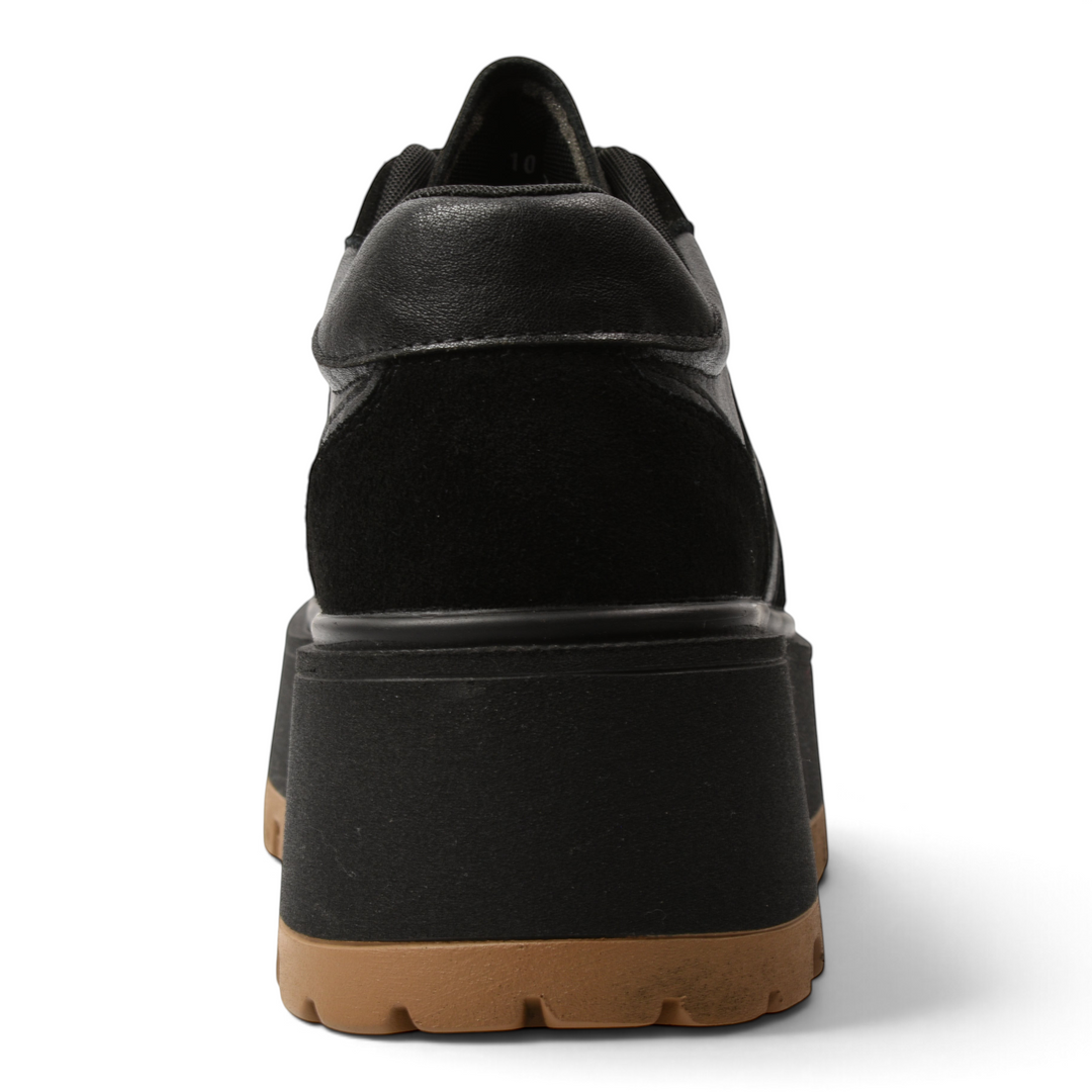 Back view of ada-shoes.ro Feeling 2510-N black leather platform sneakers with a brown lugged rubber sole.
