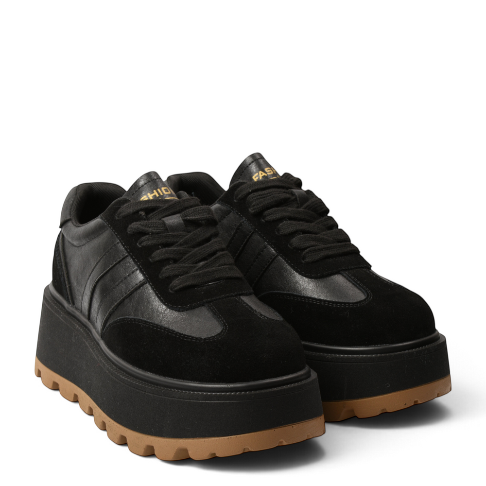 ada-shoes.ro Feeling 2510-N black leather platform sneakers with suede details and a chunky brown lug sole.