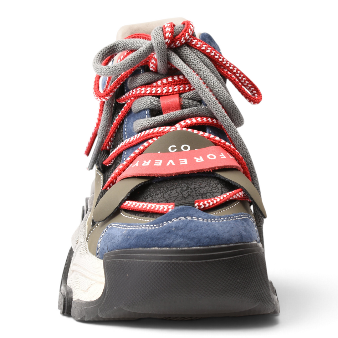 ada-shoes.ro Pass Collection chunky sneakers in blue suede, khaki, and red with double laces and architectural sole.