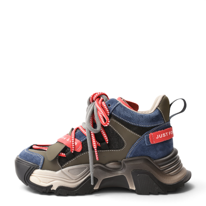 ada-shoes.ro Pass Collection chunky sneakers in denim blue suede, khaki, and red accents with double laces and thick sole