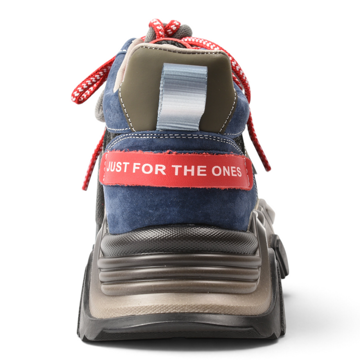 ada-shoes.ro chunky sneakers in blue suede with red JUST FOR THE ONES heel strap and architectural platform sole