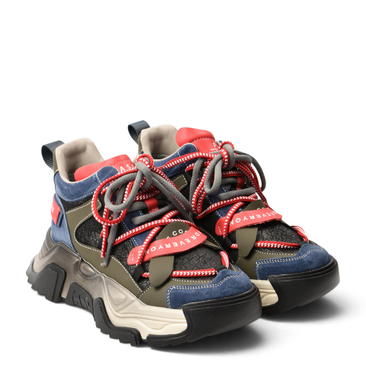 ada-shoes.ro Pass Collection chunky sneakers in blue suede, khaki, and black with red accents and double laces.