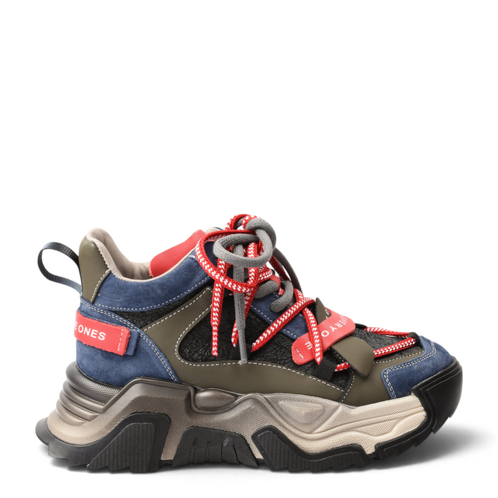 ada-shoes.ro chunky sneakers in blue suede, khaki, and black with red accents, double laces, and architectural sole.