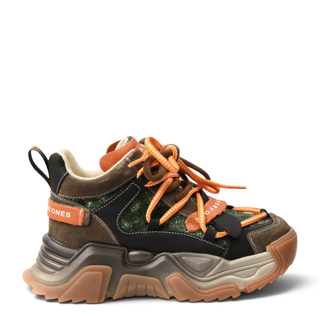 ada-shoes.ro Pass Collection chunky sneakers in brown suede, green textured panels, and vibrant orange trekking laces.