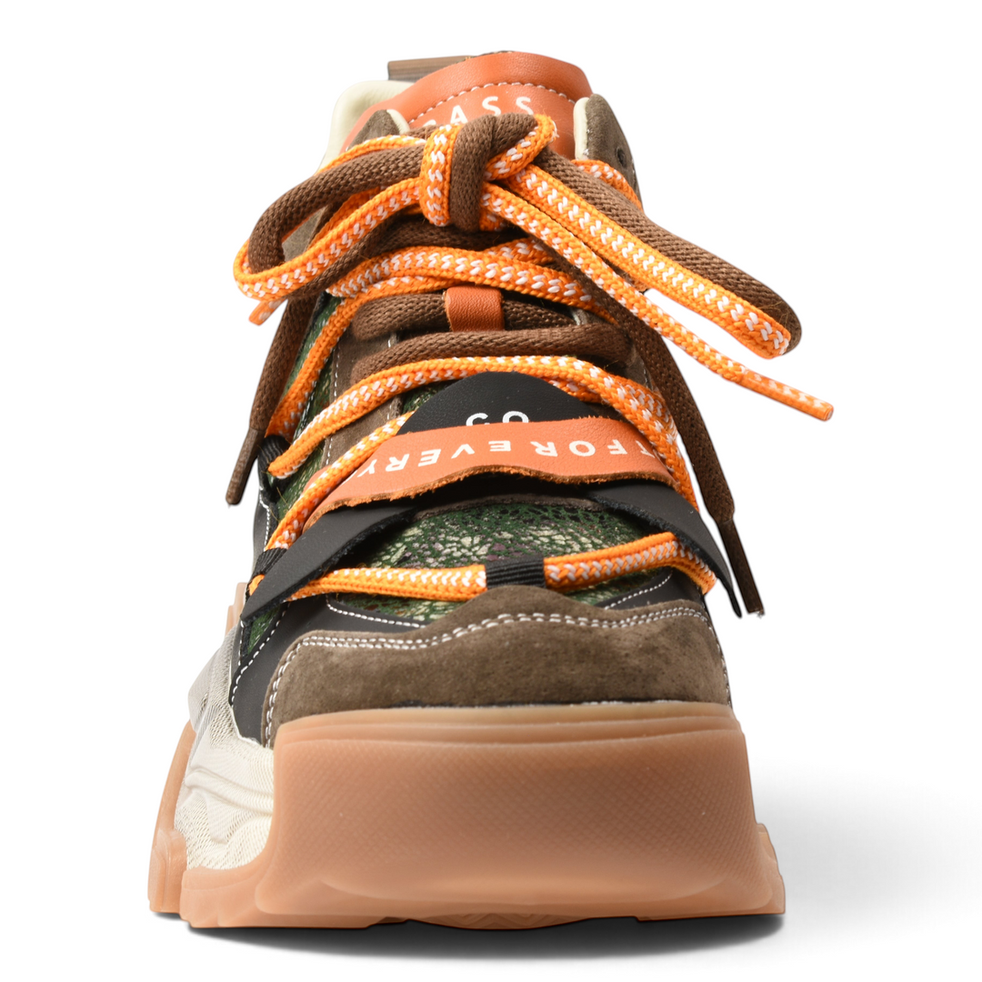ada-shoes.ro Pass Collection chunky sneakers in brown suede and green with orange trekking laces and thick rubber sole
