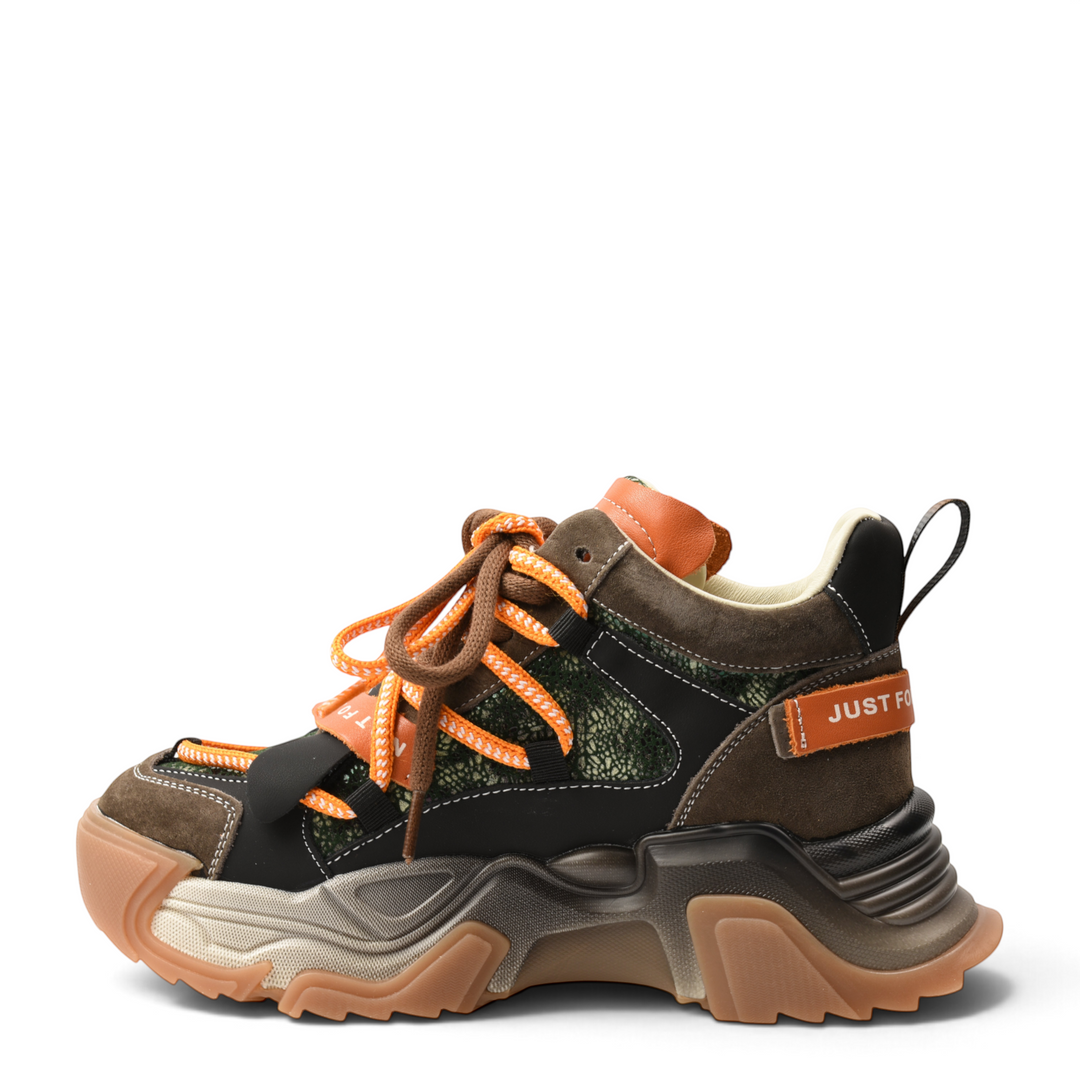 ada-shoes.ro Pass Collection chunky sneakers in brown suede and green with orange trekking laces and thick rubber sole