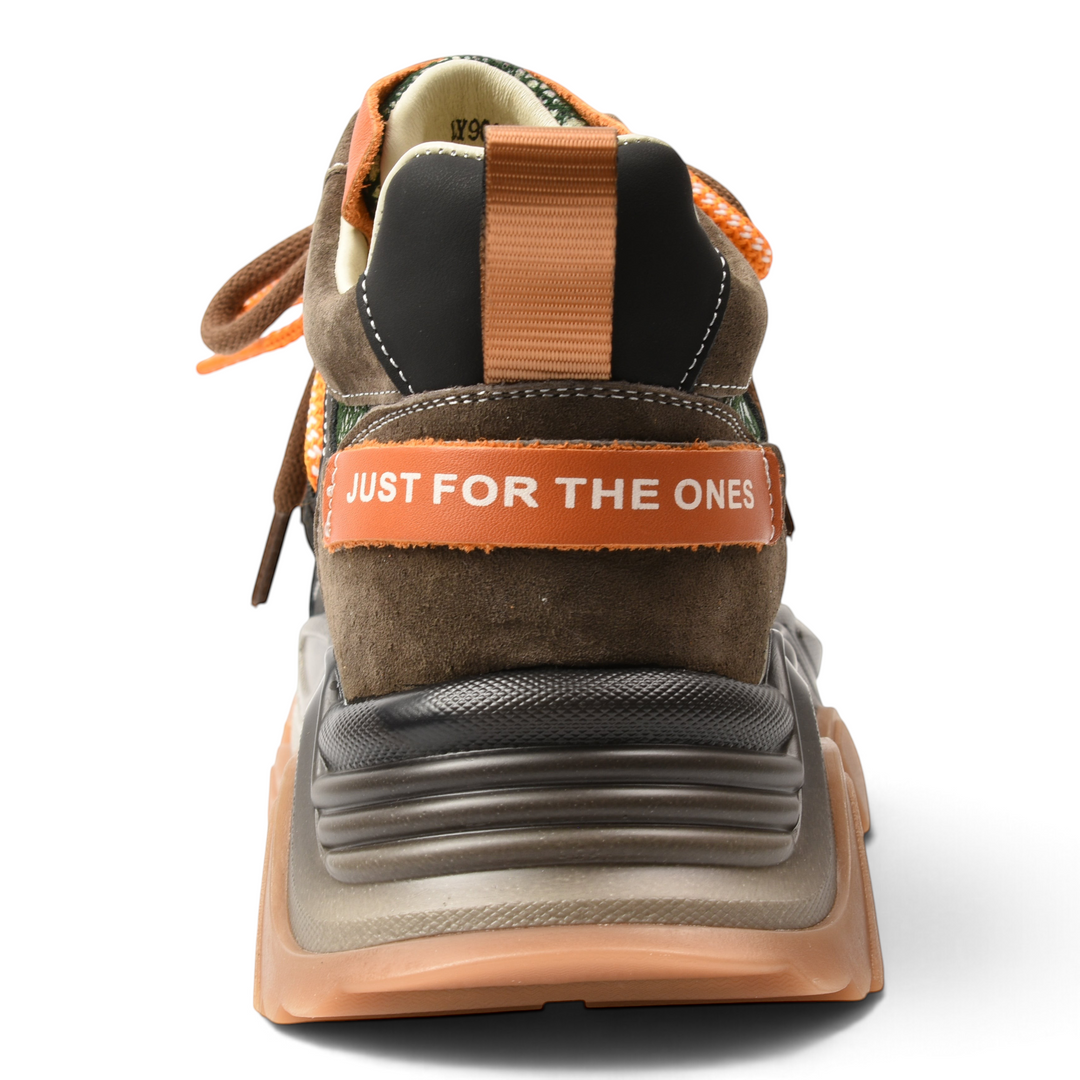 ada-shoes.ro chunky sneakers in brown suede with orange heel strap featuring JUST FOR THE ONES text and thick sole