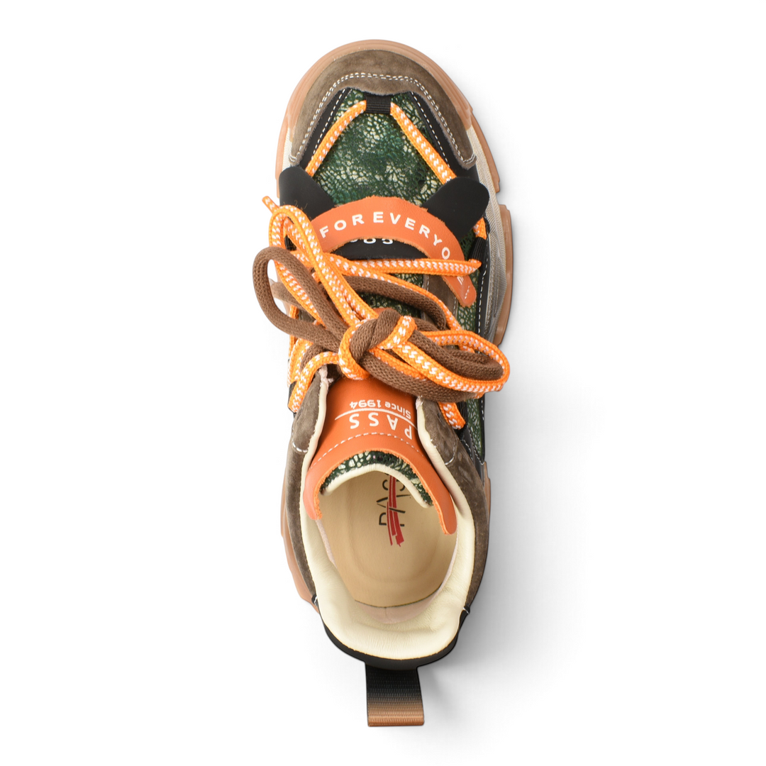 ada-shoes.ro Pass Collection chunky sneakers in brown suede and green textured panels with orange trekking laces.