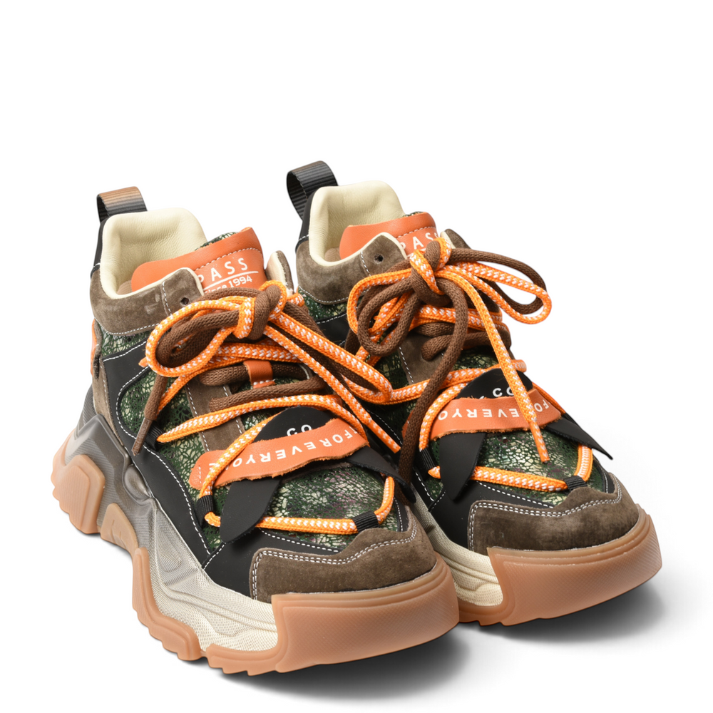 ada-shoes.ro Pass Collection chunky sneakers in brown suede, green textured panels, and orange trekking laces.