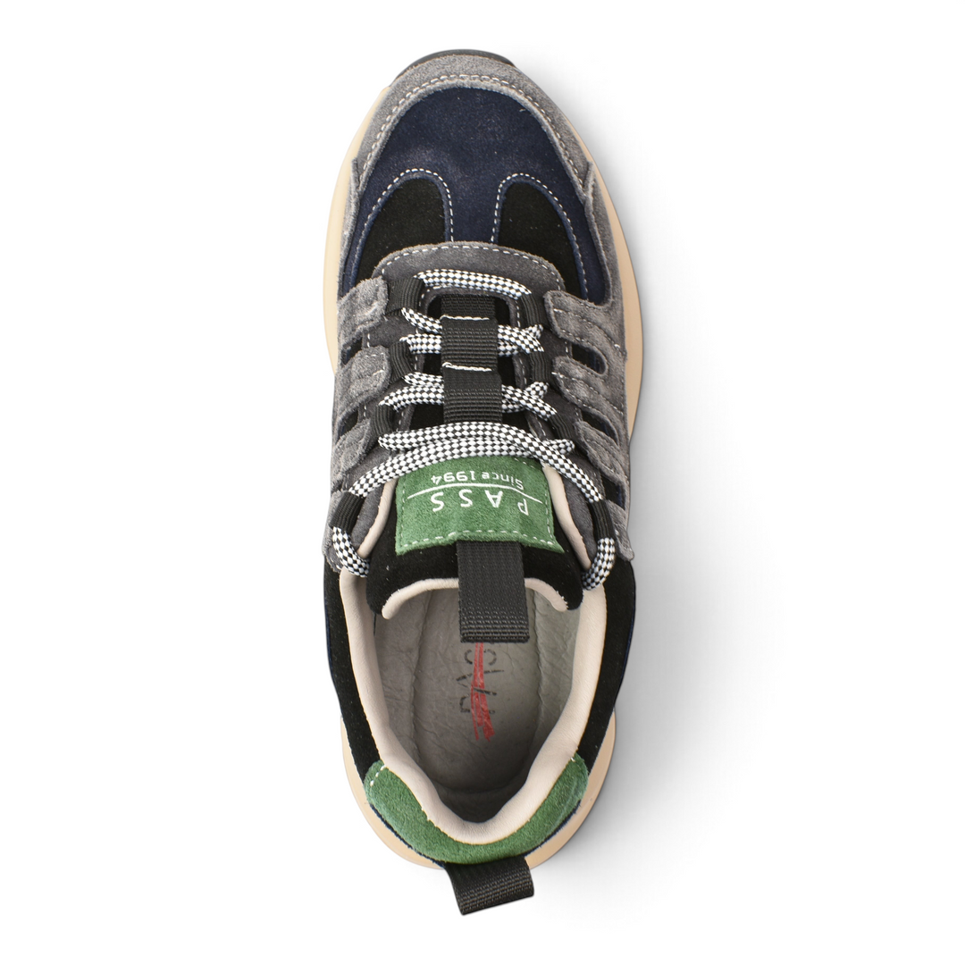 ada-shoes.ro Pass Collection suede sneakers in black, grey, and blue with green accents and a beige platform sole