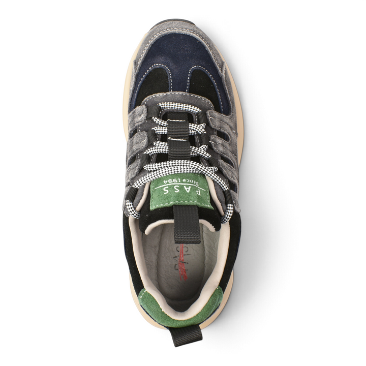 ada-shoes.ro Pass Collection suede sneakers in black, grey, and blue with green accents and a beige platform sole