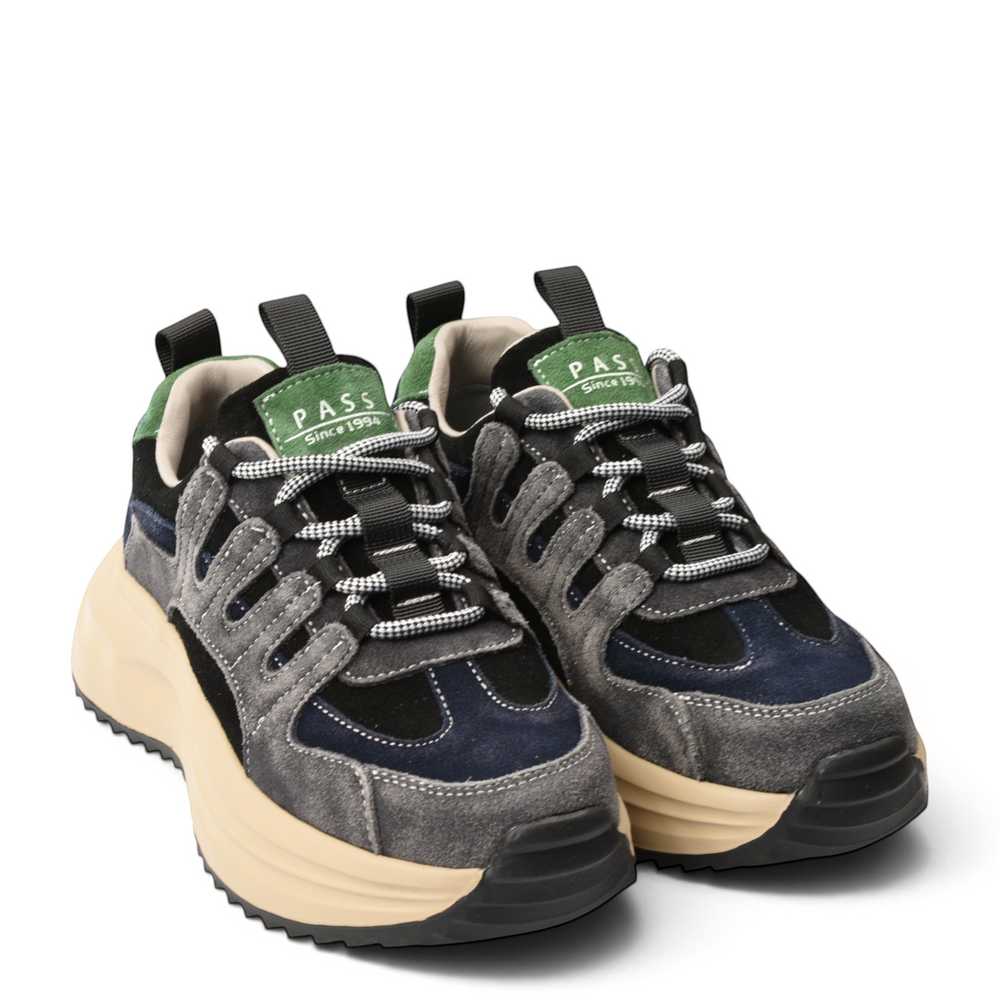 ada-shoes.ro Pass Collection suede sneakers in black, grey, and blue with green accents and a beige platform sole.