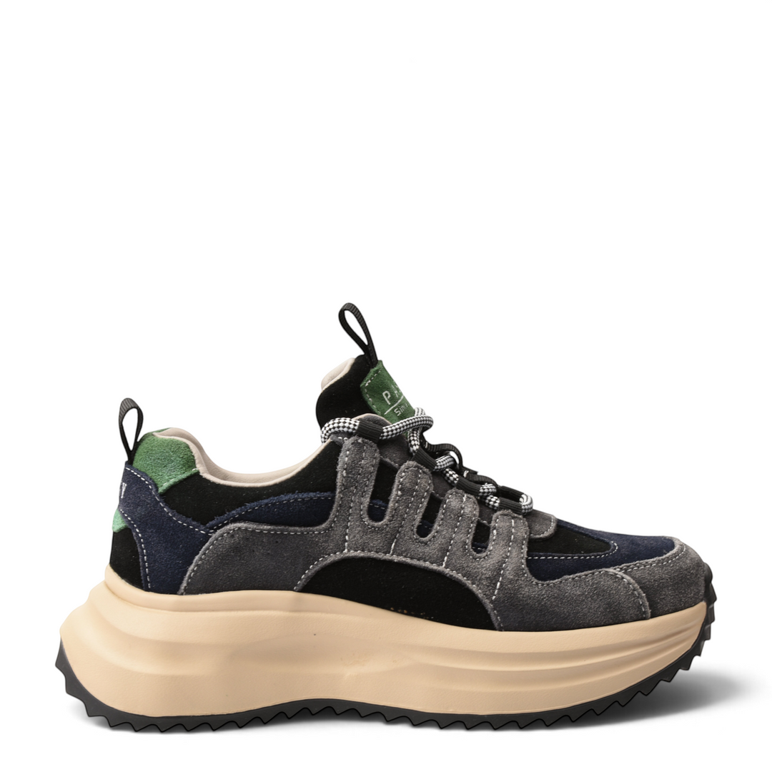 ada-shoes.ro Pass Collection suede platform sneakers in black, grey, and navy with green accents and beige sole.