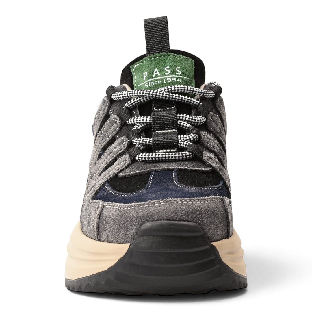 ada-shoes.ro Pass Collection suede sneakers in black, grey, and navy with green accents and a beige platform sole