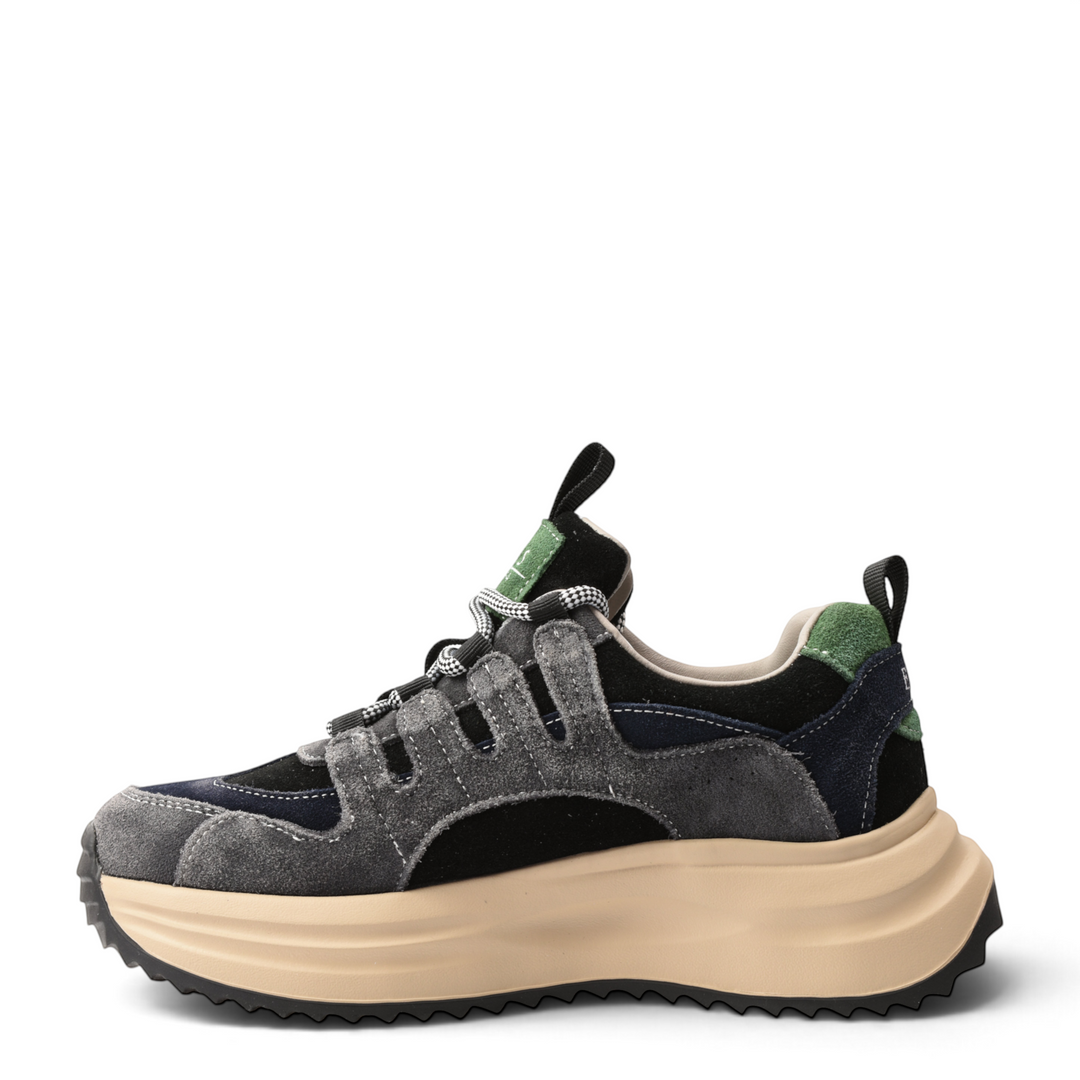 ada-shoes.ro Pass Collection suede platform sneakers in black, grey, and navy with green accents and beige sole