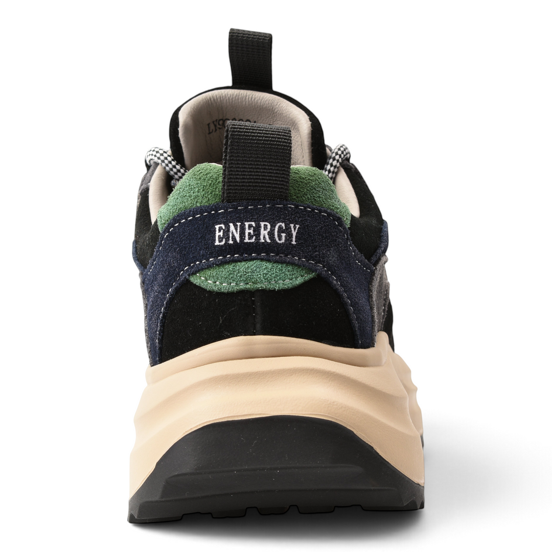 ada-shoes.ro Pass Collection suede sneakers in black, navy, and green with a chunky beige platform sole, rear view.