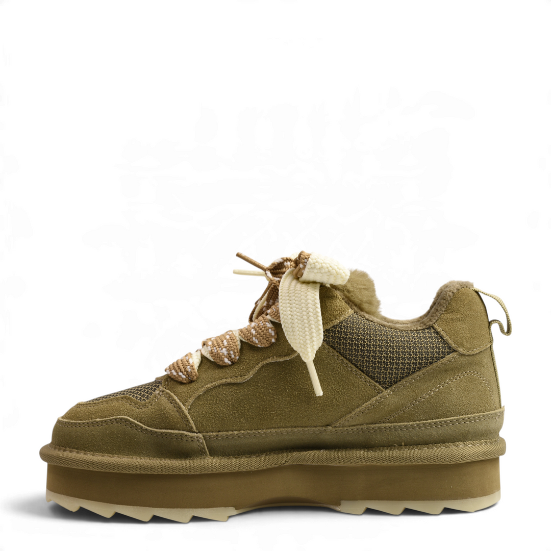 ada-shoes.ro Anna Viotti khaki suede chunky sneakers with platform sole, textured panels, and patterned laces.