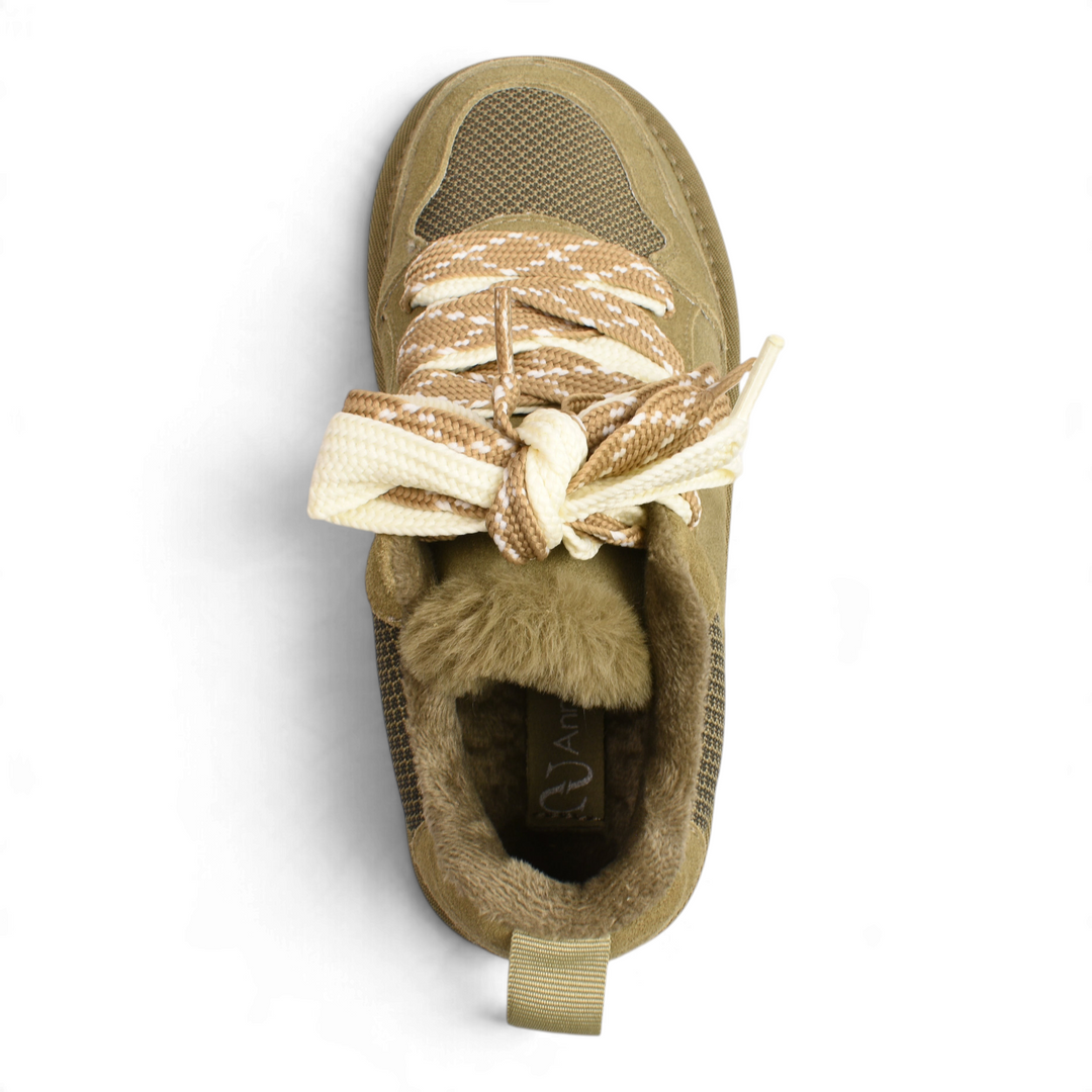 Top view of Anna Viotti khaki chunky sneakers with faux fur lining and wide geometric patterned laces from ada-shoes.ro