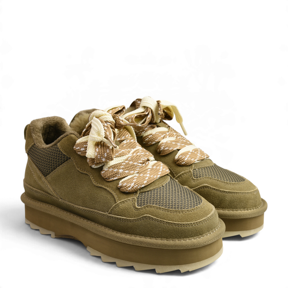 ada-shoes.ro Anna Viotti chunky sneakers in khaki suede and textile with thick platform soles and patterned laces