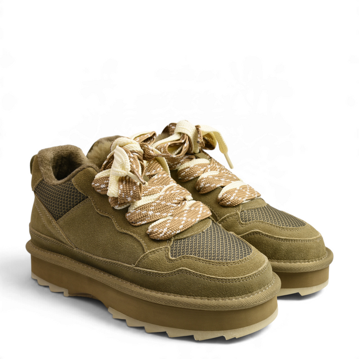 ada-shoes.ro Anna Viotti chunky sneakers in khaki suede and textile with thick platform soles and patterned laces