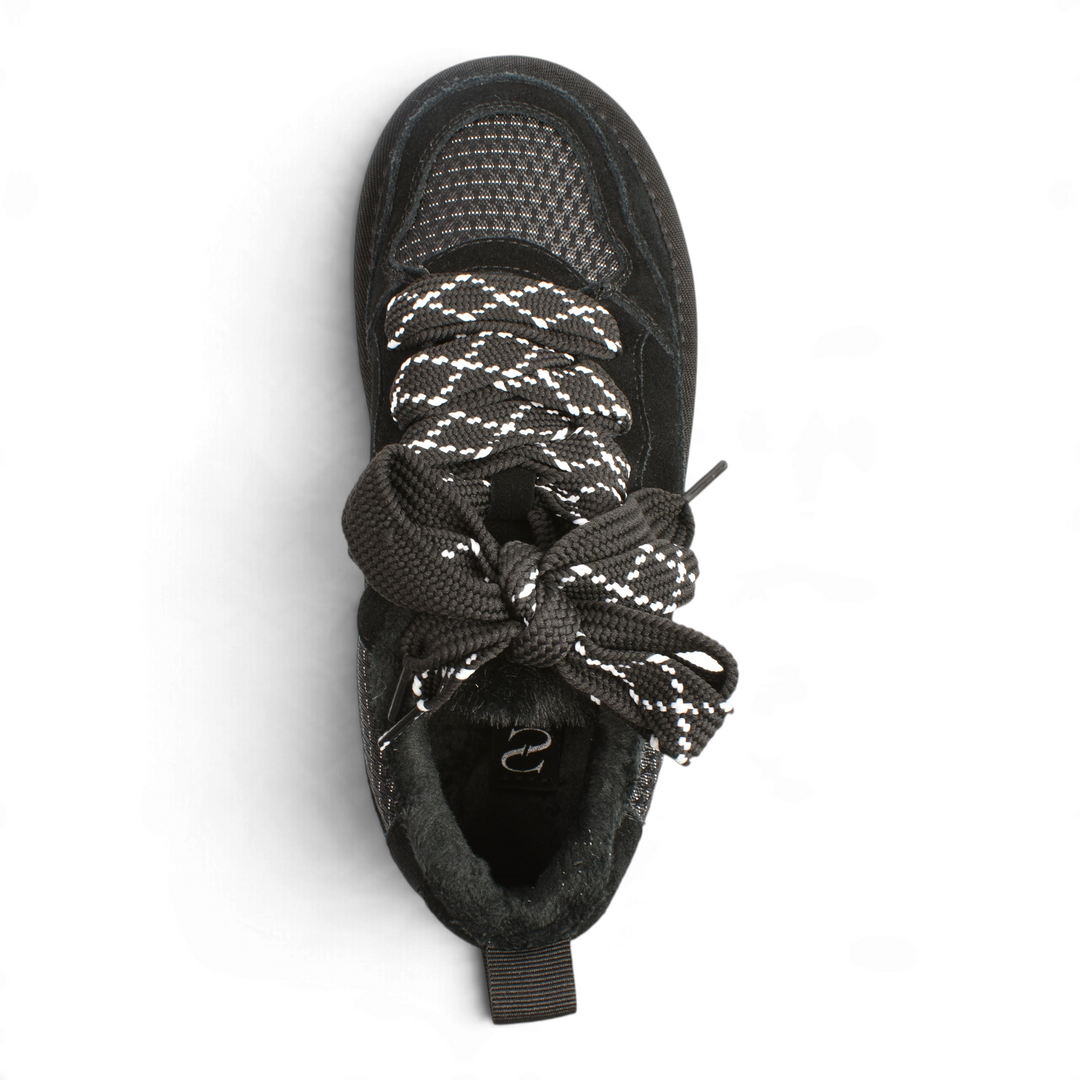 ada-shoes.ro Anna Viotti black suede chunky sneakers with patterned laces and fur lining, top-down view